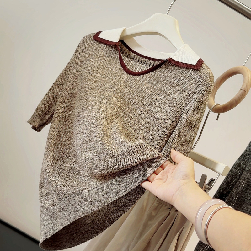 Korean Style Contrasting Color V-Neck Short-Sleeved Knitwear for Women, New Summer Style, Hollow-Out, Slim-Fitting, Age-Reducing, Versatile Casual Top Korean Style Contrasting Color V-Neck Short-Sleeved Knitwear for Women, New Summer Style, Hollow-Out, Slim-Fitting, Age-Reducing, Versatile Casual Top