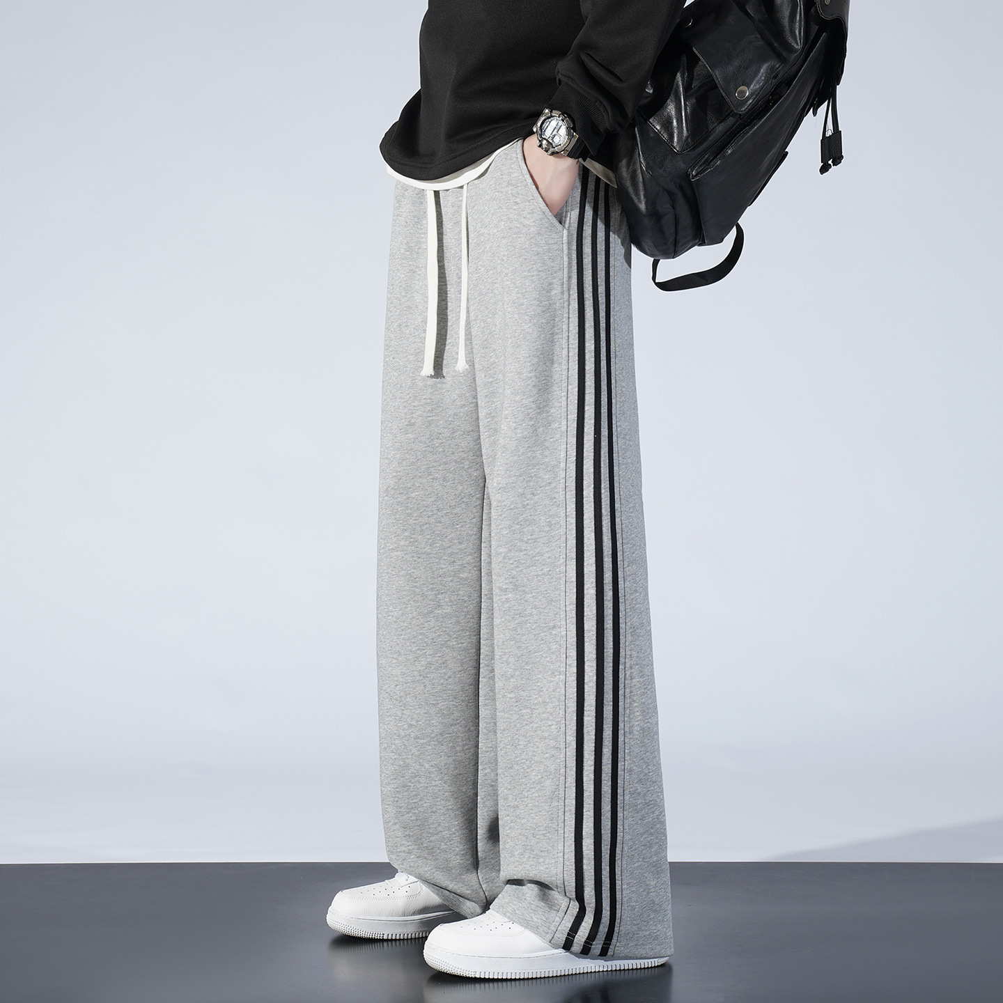 Transfronterizo de moda deportiva americana con pantalones de terciopelo, pantalones casuales rectos sueltos, primavera, otoño y invierno, pantalones grises de tres tiras image 8
