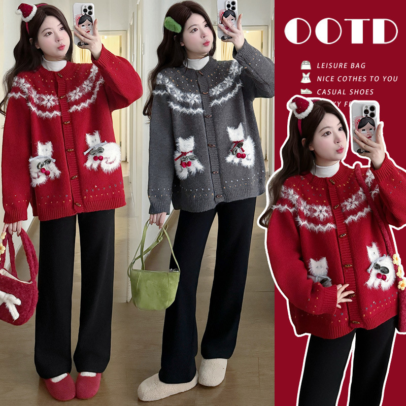 Maternity Winter Suit 2025 New Style for Pregnant Mothers, High-End Outfits for Autumn and Winter, Sweater Jacket, Base Shirt, Pants