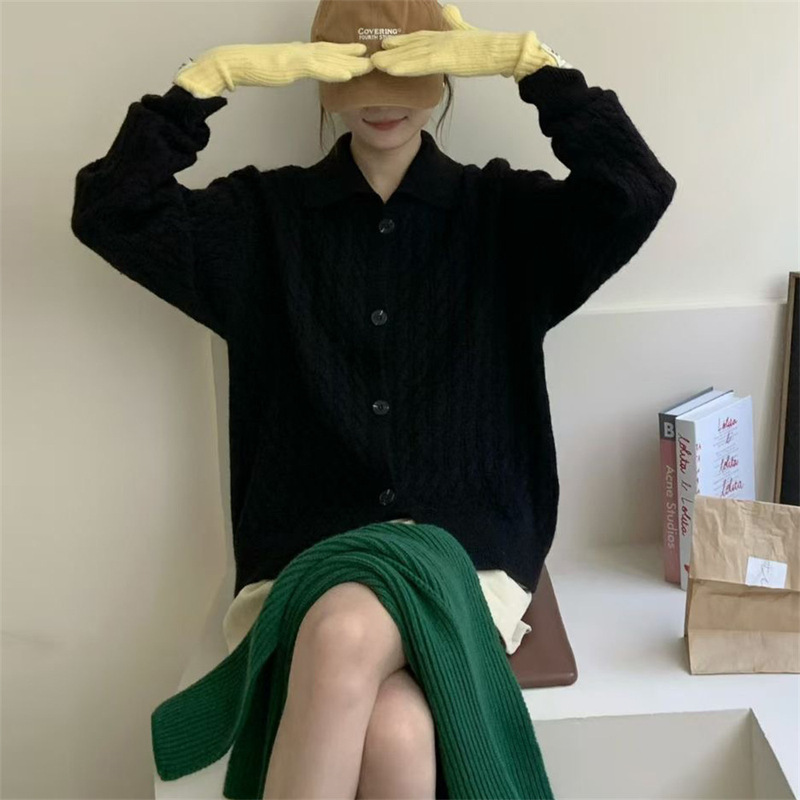 翻领软糯设计感韩系针织开衫女装秋冬新款宽松纯色麻花毛衣女外套|undefined