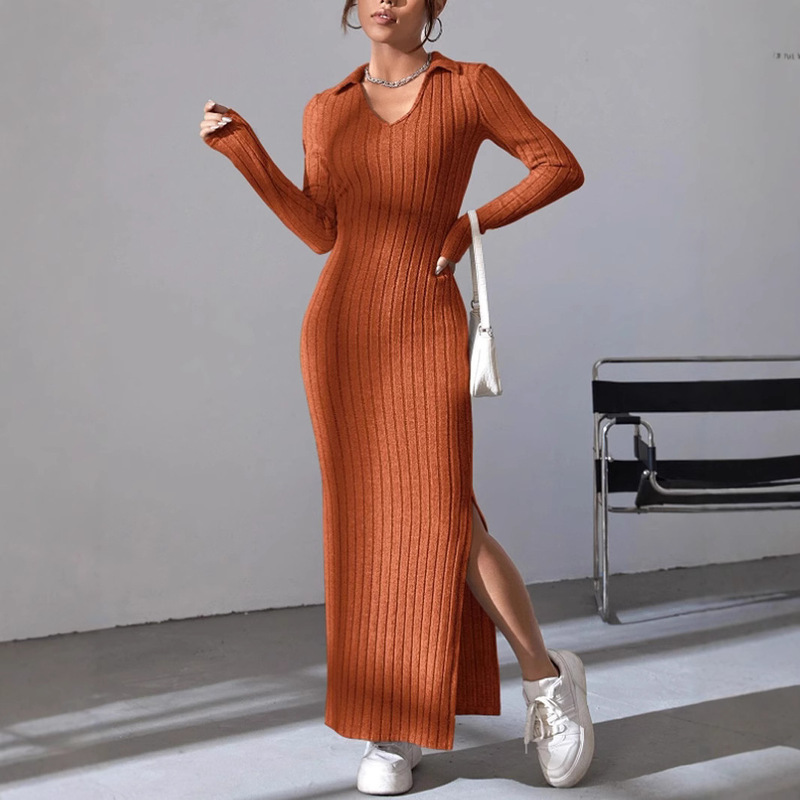 Elegant Cross-Border Long Dress, New Autumn Style, Soft Long Sleeves, Turn-Down Collar, Hip-Hugging, Slit, Ribbed, European and American Style