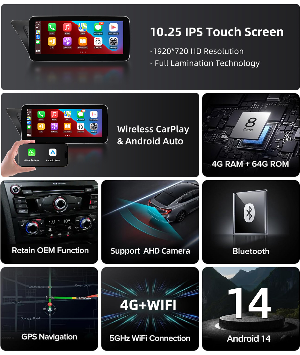 Suitable for Audi A4 A5 B8 Android car DVD navigation all-in-one machine with wireless Carplay and large screen playback
