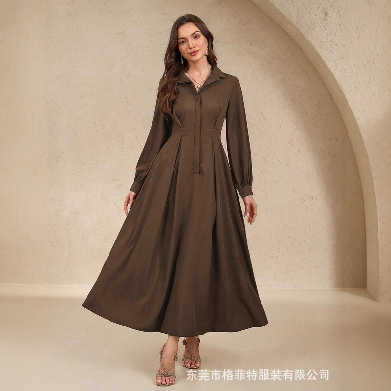 New Stylish Commuter Long-Sleeve Pocket Dress, Elegant Shirt Collar Slimming Solid Color A-Line Skirt for Women in Autumn