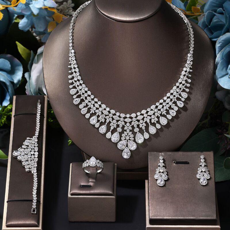 Korean Fashion Generous Bride Wedding Dress Accessories AAA Zircon Necklace Earrings Ring Bracelet Jewelry suit