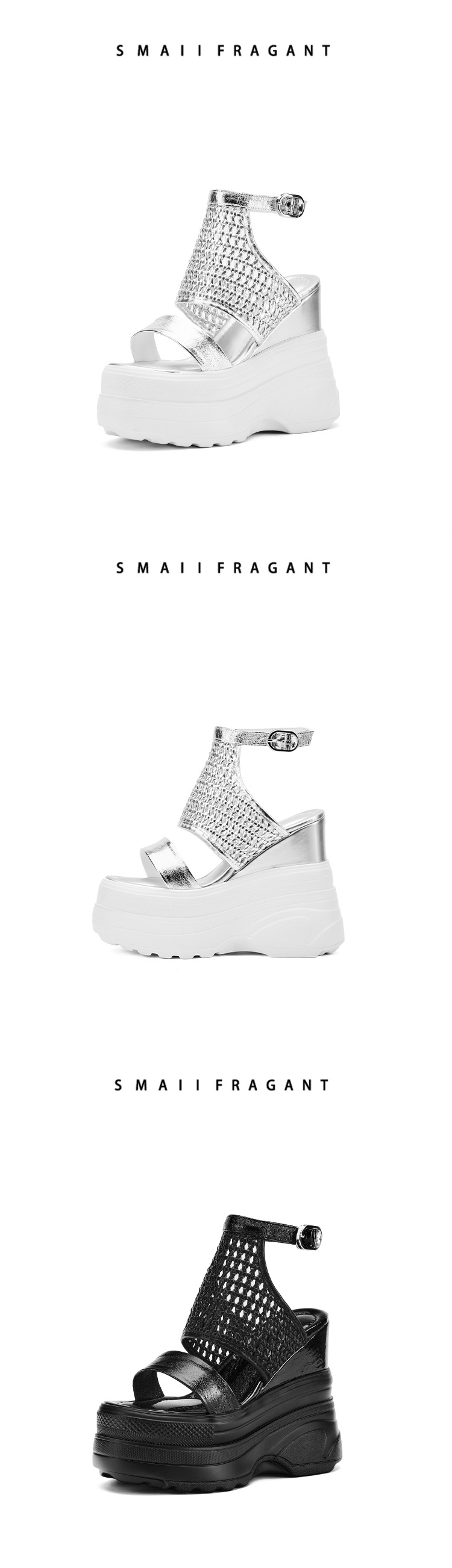 Sandal La Mã nữ đế xuồng cao gót 14 cm hở mũi thoáng khí — Màu đen, Màu vàng nhạt, Màu bạc chi tiết 14