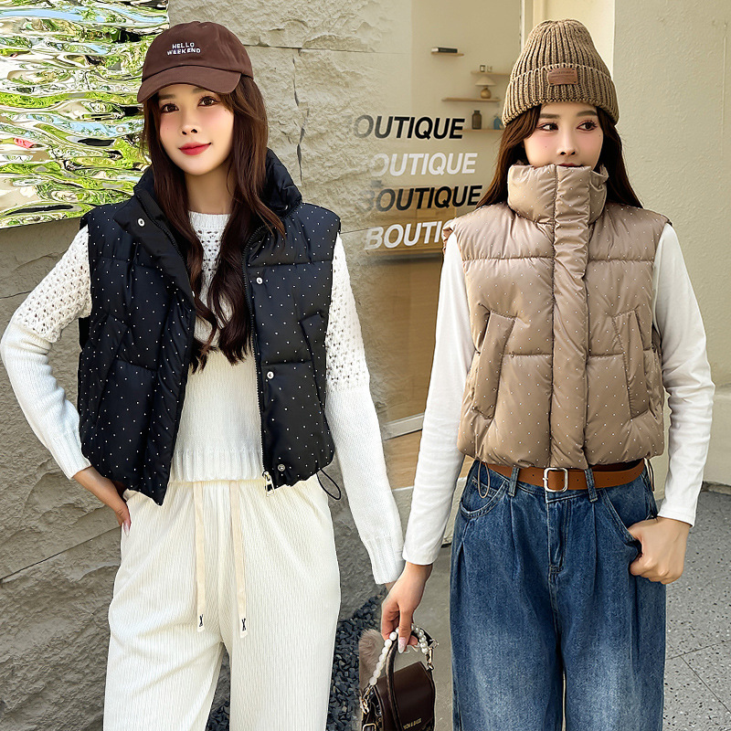 2024 viaje de invierno simple ocio brillante abrazadera de caballo de diamante estilo coreano cintura alta suelta sin mangas chaqueta de cuello corto