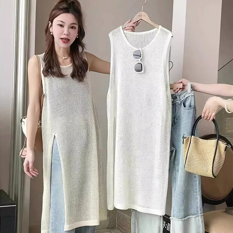 Summer Solid Color Layered Outer Wear Hollow Mid-Length Knitted Slit Versatile Loose Sleeveless Fashionable Tops for Women
