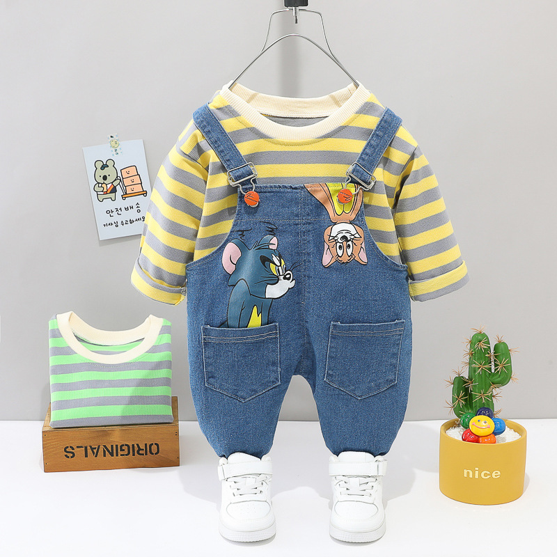 新品童套装两件套 kids彩色条纹卫衣牛仔吊带裤男童长袖套装