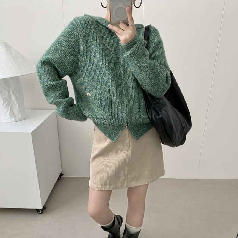 双拉链毛衣外套女秋冬2025新款慵懒风高级感宽松连帽针织开衫上衣|undefined
