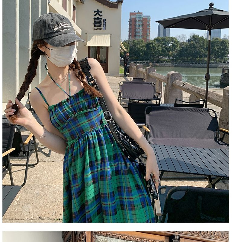 夏季新款法式复古格子吊带裙洋装设计感度假绑带露背收腰小众长裙-阿里巴巴