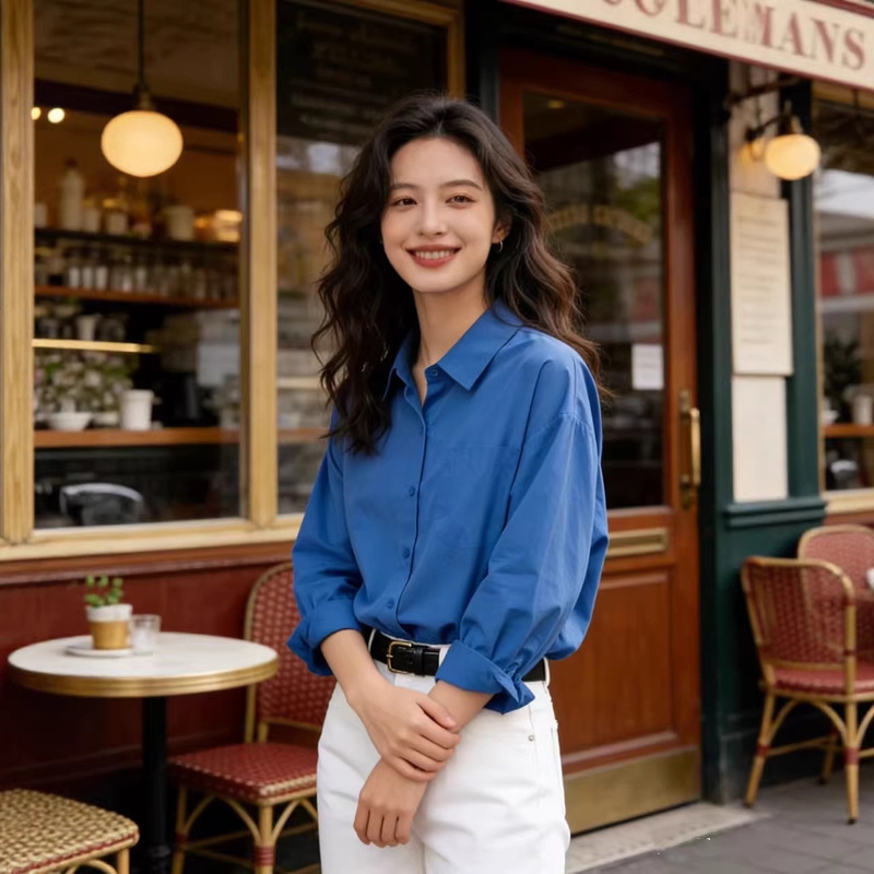 In-Stock Spring and Autumn New Stylish Versatile Blue Shirt for Work, Vintage Loose Fit, Flattering and Slimming, Trendy Top for Women In-Stock Spring and Autumn New Stylish Versatile Blue Shirt for Work, Vintage Loose Fit, Flattering and Slimming, Trendy Top for Women