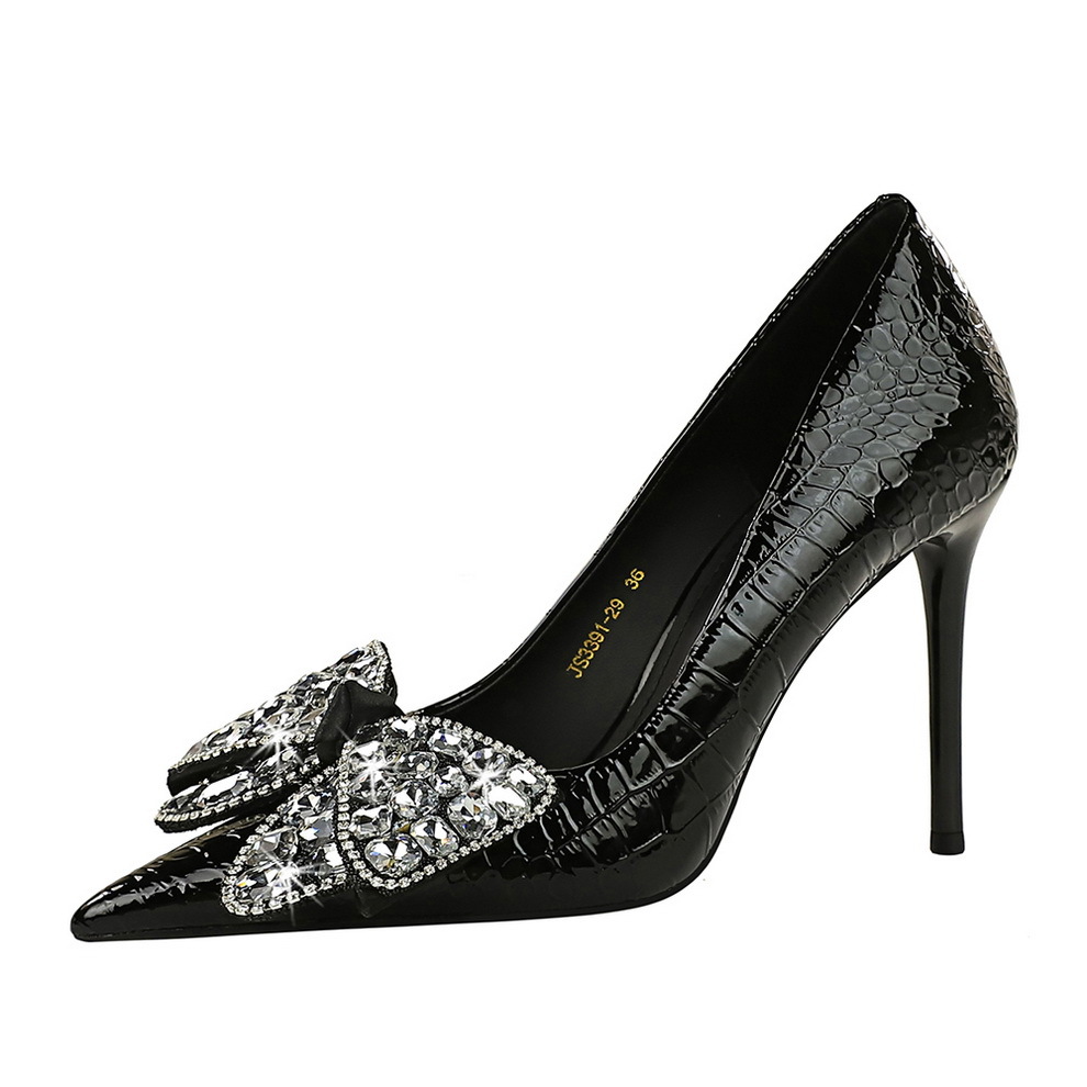 Stiletto stone patent leather shallow cut pointe rhinestone bow single heels_voghion.com