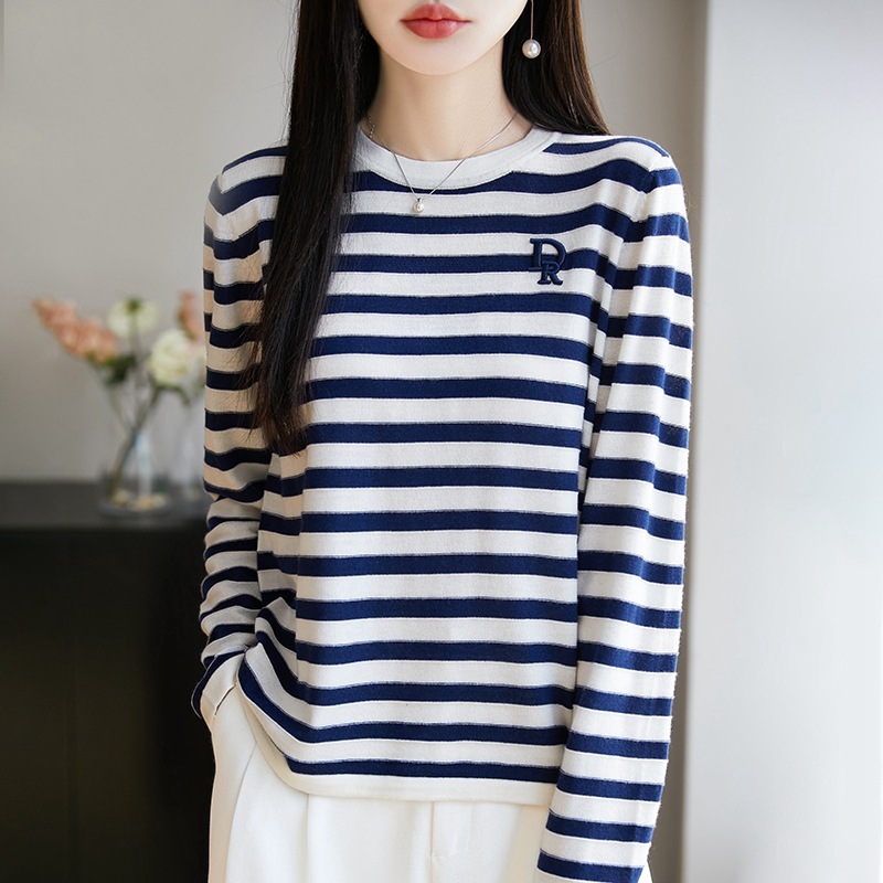 ストライプ長袖 Tシャツ 2025 秋の新大きいサイズファット mm ファッションカジュアル多用途ルーズラウンドネックボトリングトップ|undefined