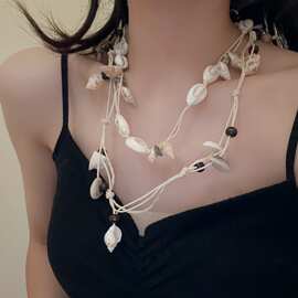 海洋度假风几何手工编织贝壳海螺叠戴流苏项链女小众串珠锁骨链潮