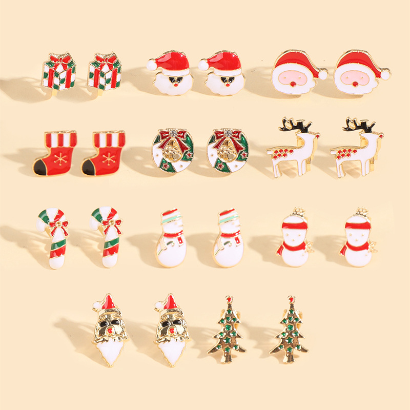 Cute Christmas Tree Santa Claus Snowman Alloy Enamel Women's Earrings 11 Pairs display picture 2