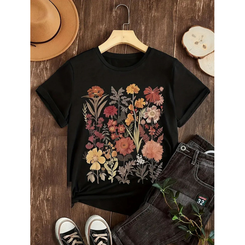 Cross-border Women's Etsy Amazon Hot Sale Hot Color Floral Printing Loose Casual Short-sleeved T-shirt Women