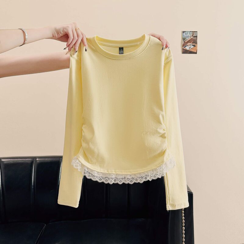 Actual Shot [92 Cotton 8 Spandex + Back Collar] Lace Round Neck Right Shoulder Bottoming Shirt T-Shirt for Women Autumn Slim Fit