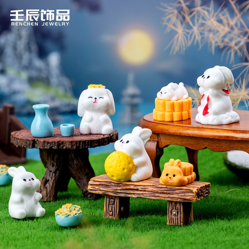 Creative Mid-Autumn Festival Mooncake Bunny Doll Hand-Made Mid-Autumn Festival Mooncake Resin Crafts Accessories Desktop Small Ornaments