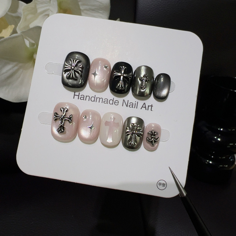 【Sweet Cool Rebel】Pink and Silver Cross Metal Nail Art Punk Black and Pink Color-Blocking Hot Girl Style Brightening Detachable Stickers