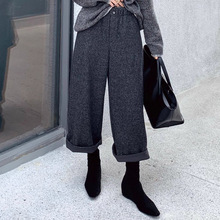 加绒加厚松紧腰宽松百搭休闲九分裤2025冬季新款深灰色羊毛呢女裤