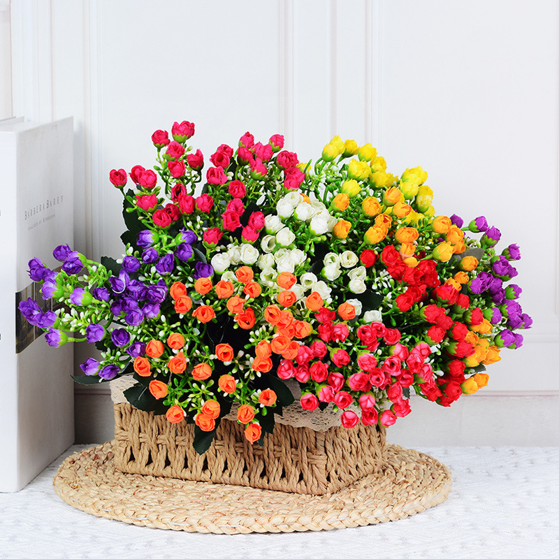 Wholesale of artificial flowers, multi-colored jasmine with 6 heads and 36 small rose buds. Artificial small rose bud home decoration 