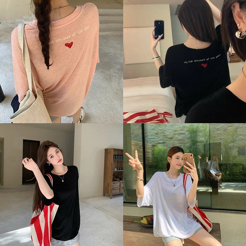 3525 #   Zhang Beibei Ibell Natural Linen Heart Letter Embroidered Short-Sleeved T-Shirt High-Waisted Slim Versatile Shorts