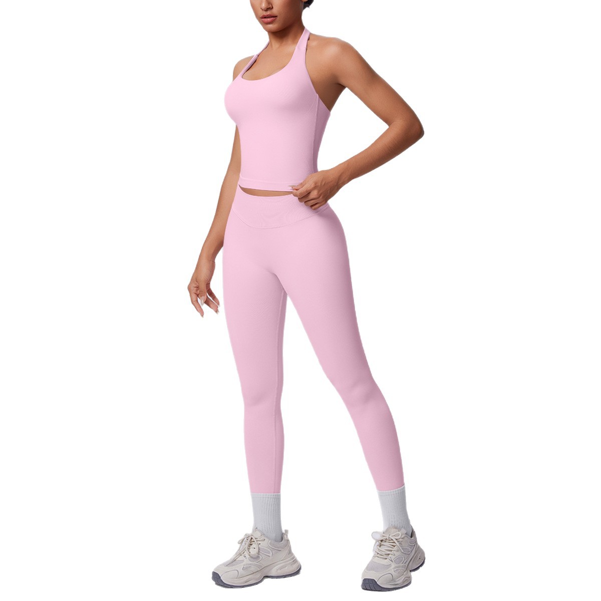 Nuevo transfronterizo sin costuras de color sólido cuello colgante hermosa espalda ajuste ajuste conjunto deportivo correr fitness yoga dos piezas conjunto