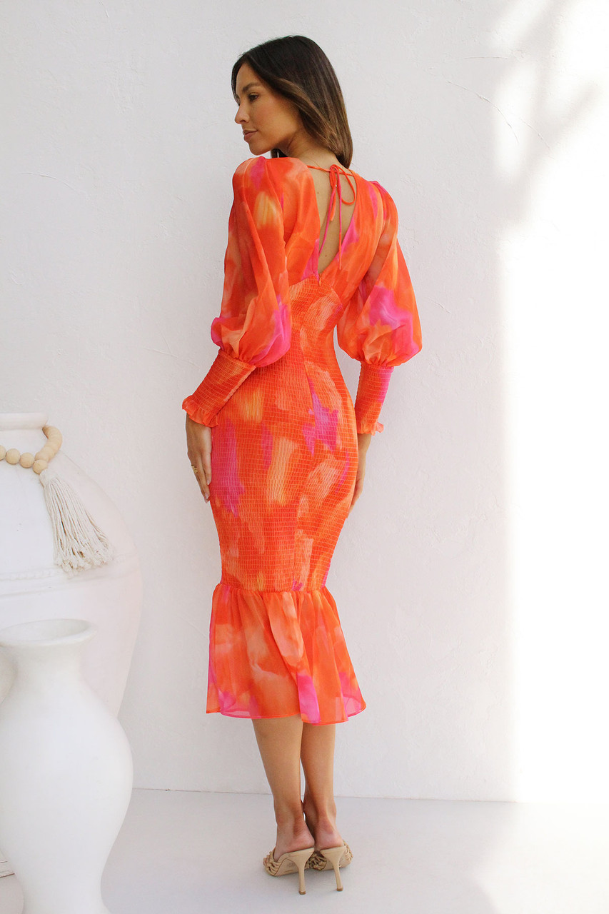 print long-sleeved elastic V-neck ruffle dress NSJRM135674