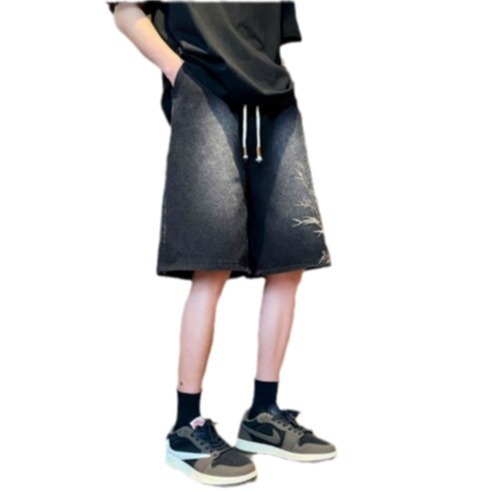 Youth National Trend Embroidered Denim Short Pants for Men - Summer Thin Loose Casual Straight Leg Five-Finger Pants