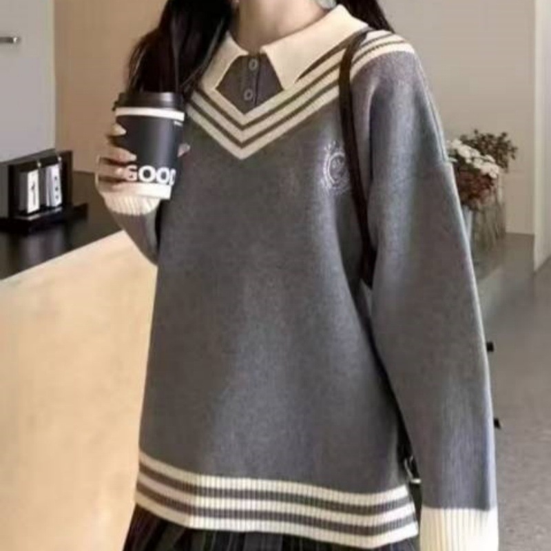 jk秋冬慵懒风毛衣百搭新款女装2025年新款学院风刺绣假两件针织衫|undefined