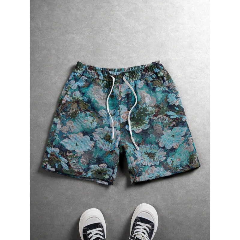 2026 Cross-border American retro jacquard fashion lake blue summer casual shorts vacation beach loose floral pants