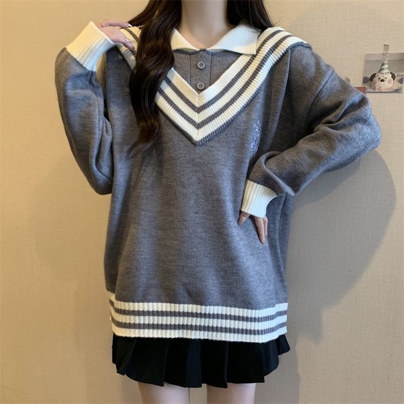慵懒学院风毛衣女秋冬大码胖妹妹显瘦假两件Polo领针织打底衫上衣|undefined