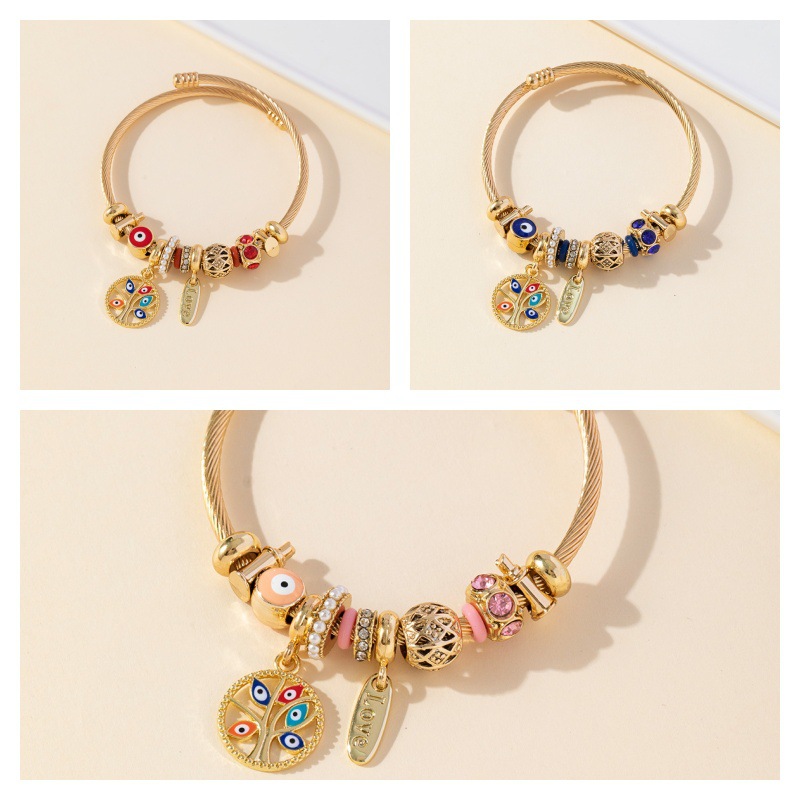 Panjia brazalete Dora DIY cuentas explosivas transfronterizas ojos del diablo colgante árbol de vida perla brazalete de acero con diamantes