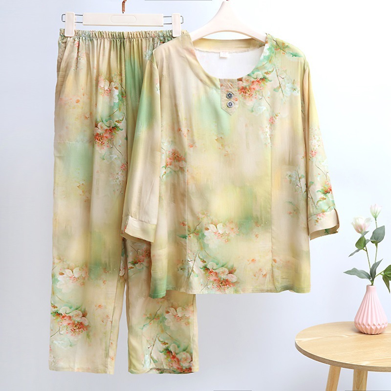 女性用綿シルクパジャマ、夏用薄手、中高年ママ、ゆったり綿シルクホーム服、七分袖お出かけスーツ|undefined