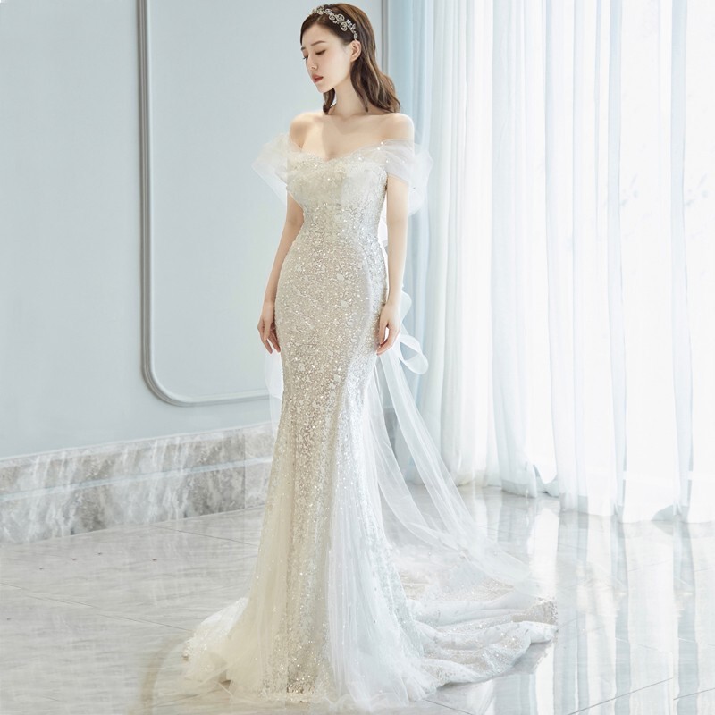 Mermaid Light Wedding Dress 2026 New Style Bride Off-Shoulder Sequin Fairy-Like Temperament Trailing Gown for Wedding Reception Host Dress