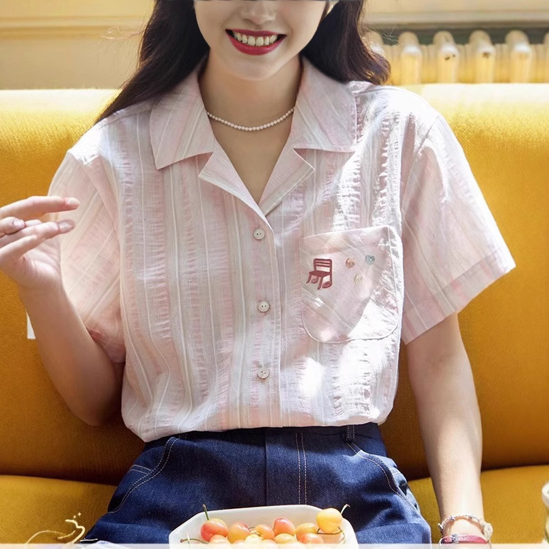 French-Style Cuban Collar Embroidered Short-Sleeve Striped Shirt for Women, New Thin Summer Top