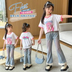 2024年夏季新品B類棉短袖圓領設計女中大童套裝T恤卡通圖案批發