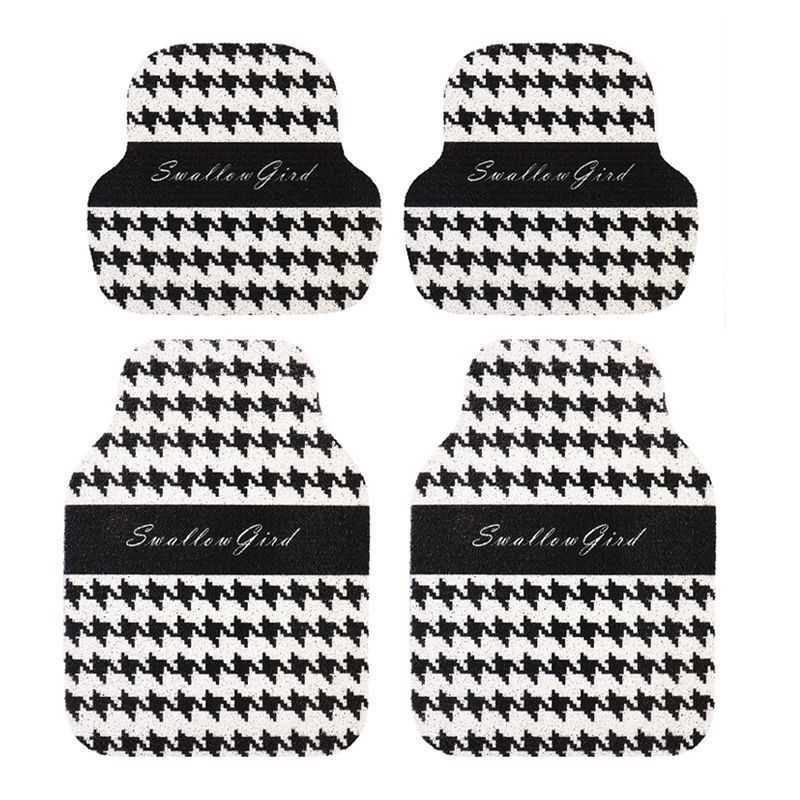 Cross-Border Temu Black and White Checkered Silk Circle Floor Mats for Cars, Dust-Proof, Wear-Resistant, Dirt-Resistant and Easy to Care For, Four-Piece Set of Floor Mats
