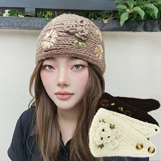 跨境针织绣花发带刺绣毛线头带欧美丝带山茶花头套美拉德风发饰