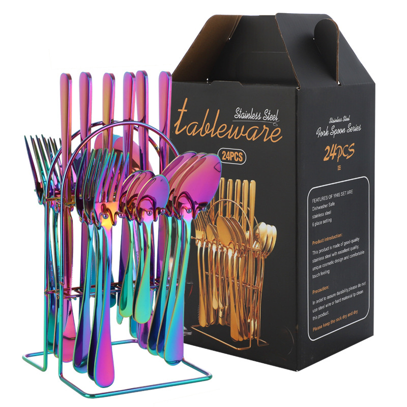 Amazon transfronteriza 1010 vajilla de acero inoxidable conjunto de 24 piezas cuchillo de carne occidental, tenedor y cuchara conjunto completo rack caja de regalo traje