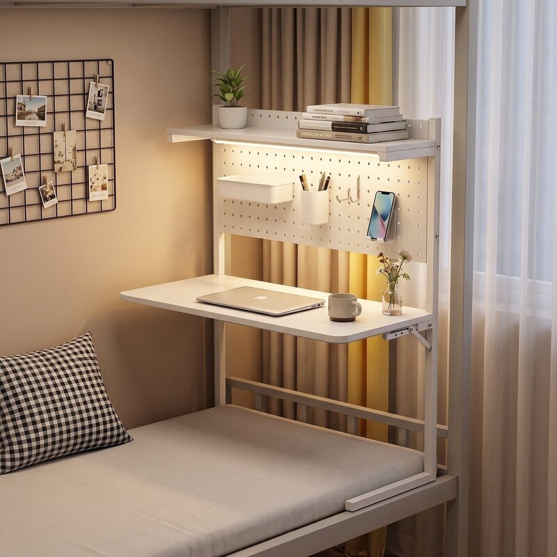 College student dormitory bed computer desk, foldable floating desk for upper bunk with perforated board storage rack