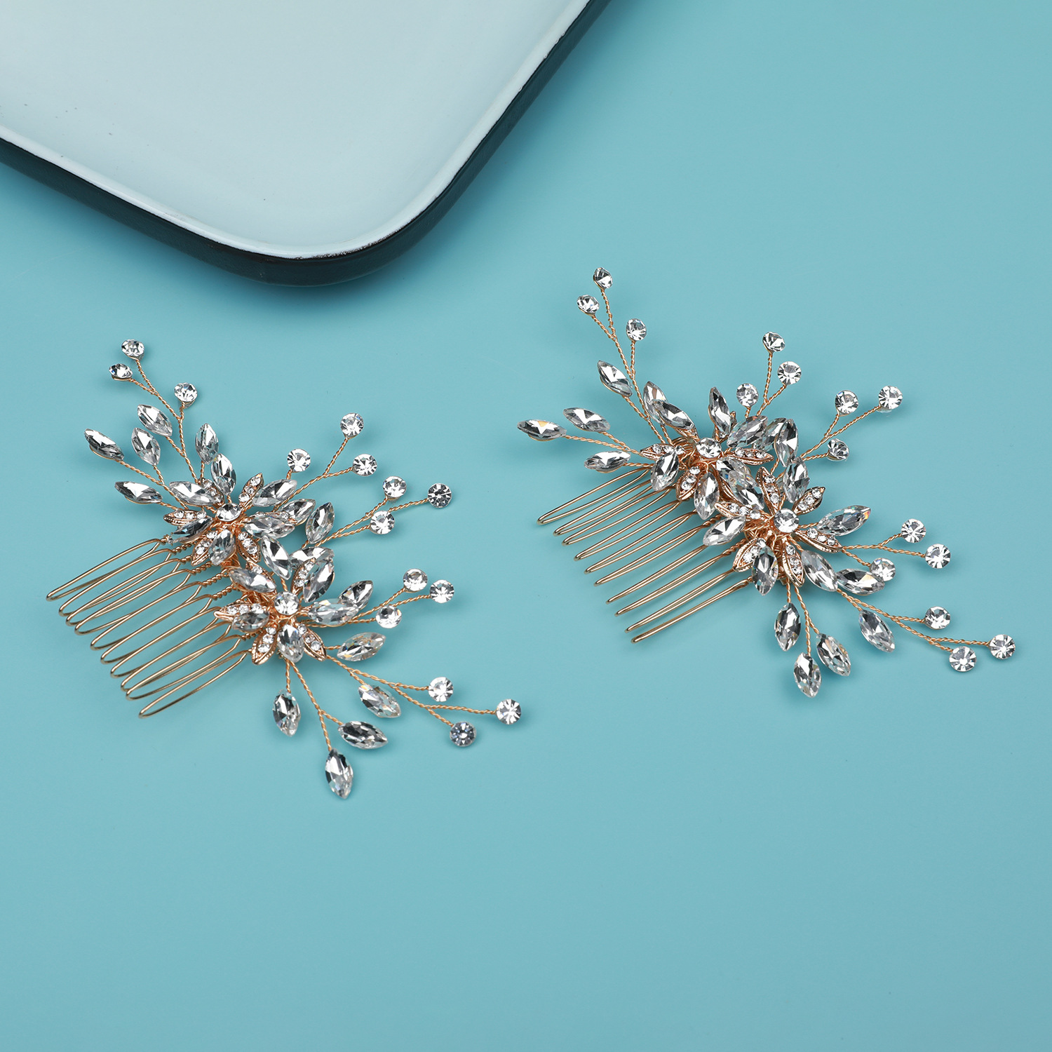 歐美跨境水鑽插梳簡約新娘頭飾氣質盤發髮釵婚禮寫真發梳髮飾批發