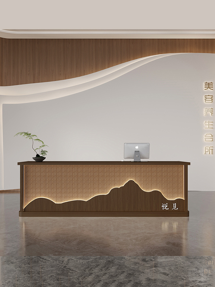 侘寂风吧台民宿酒店会所前台美容院足浴接待台新中式藤编收银台