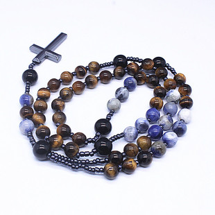 Fashion New Natural Tiger Eye Stone Blue Striped Stone Beads Sweater Chain Cross Accessories Long Necklace Men's and Women's AliExpress