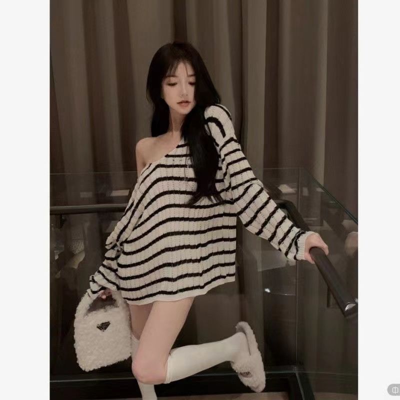 300斤条纹烧小上衣斜肩上衣女秋冬露肩中长款夏季针织衫毛衣女裙|undefined