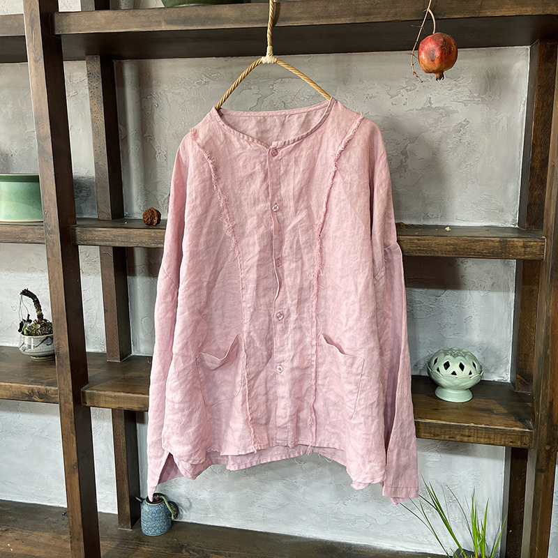 206 ready-to-wear washed linen retro National style top small shirt Women's original frayed artistic shirt women's shirt