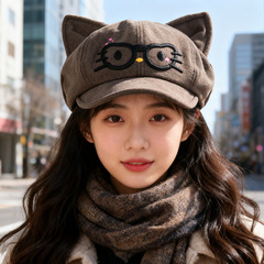 秋冬复古贝雷帽子女日系可爱猫咪耳朵八角帽大头围显脸小报童帽潮