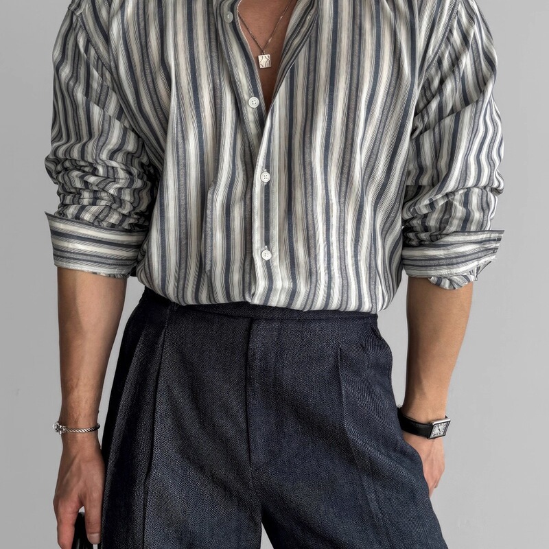 Vertical Striped Long-Sleeve Shirt for Men, Autumn High-End Hong Kong Style, Mature Casual Vintage Niche Loose Shirt Jacket