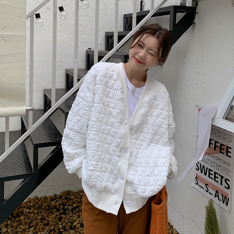 V-neck Cardigan Baseball Suit Coat Women's Autumn and Winter All-match Korean-style Loose Age-reducing Lazy Jacket Top Ins Trendy