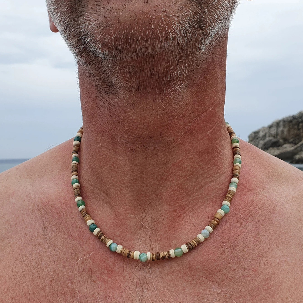 Collana in pietra occhio di tigre di alta qualità, versatile, resistente allo sbiadimento, per uomo, con perline di guscio di cocco in stile vacanza_voghion.com